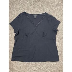 Lane Bryant Womens Y2K Whimsical Beaded Lace V-neck Short Sleeve Top Black 18/20